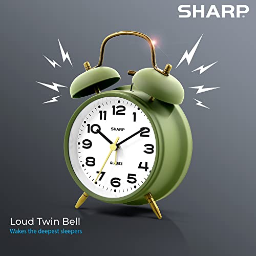 Matte Sage Twin Bell Alarm Clock - Rustic Bronze Accent