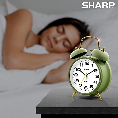 Matte Sage Twin Bell Alarm Clock - Rustic Bronze Accent