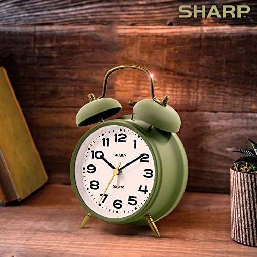 Matte Sage Twin Bell Alarm Clock - Rustic Bronze Accent
