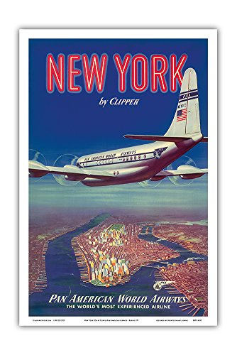 New York USA by Clipper - Boeing 377 Over Manhattan Island - Pan American World Airways - Vintage Airline Travel Poster c.1950 - Master Art Print 12in x 18in