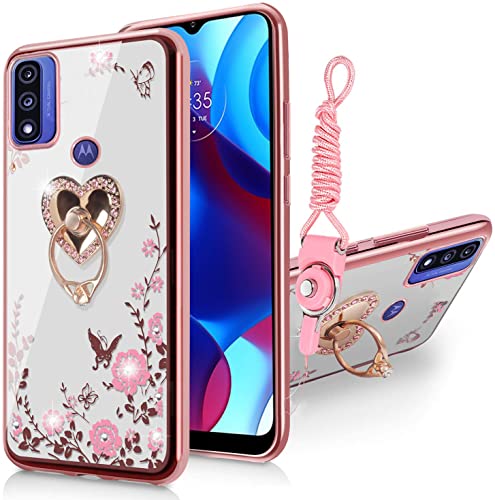 Motorola Moto G Phone Case for Women, Glitter Floral Slim Cover + Kickstand, Rose Gold