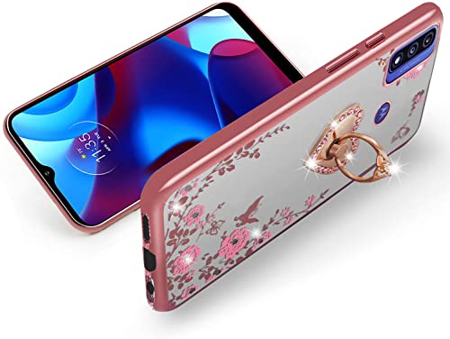 Motorola Moto G Phone Case for Women, Glitter Floral Slim Cover + Kickstand, Rose Gold