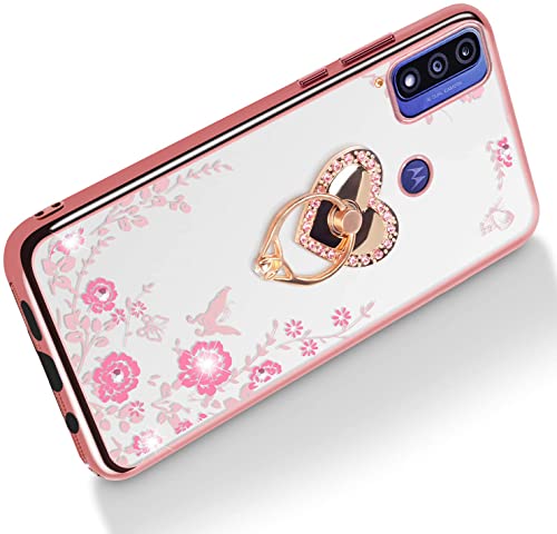 Motorola Moto G Phone Case for Women, Glitter Floral Slim Cover + Kickstand, Rose Gold