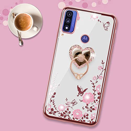 Motorola Moto G Phone Case for Women, Glitter Floral Slim Cover + Kickstand, Rose Gold