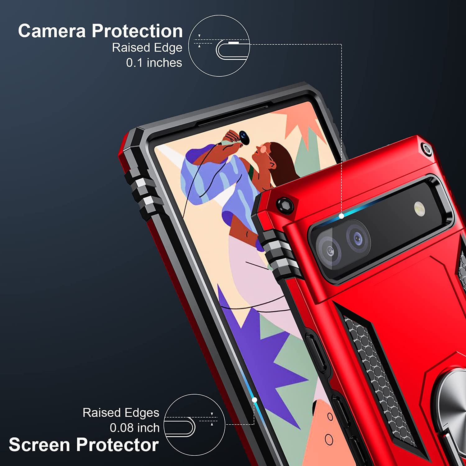 Google Pixel 6a Ring Kickstand Rugged Phone Case - Red
