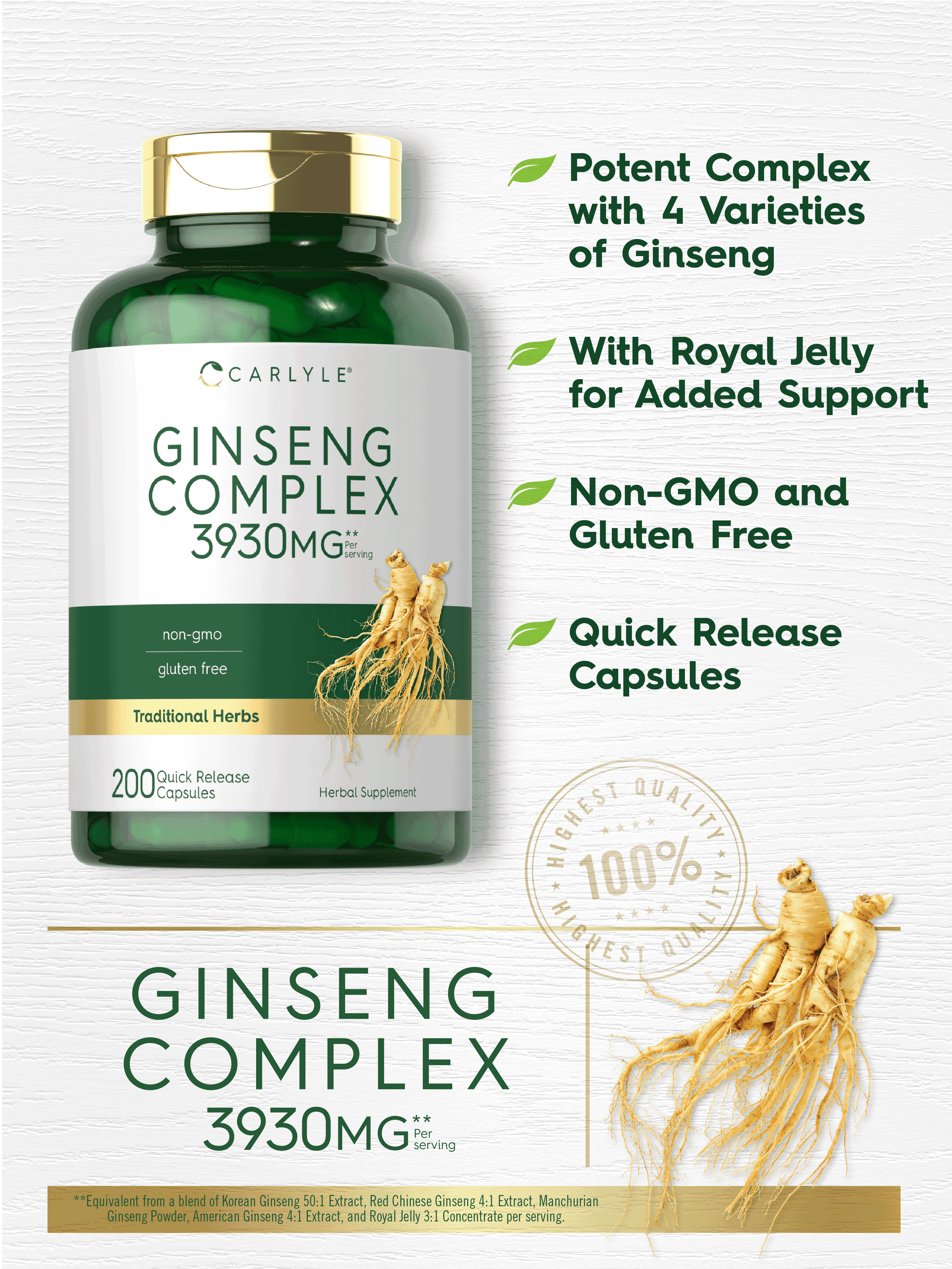 Ginseng Extract Complex | 200 Capsules | Non-GMO