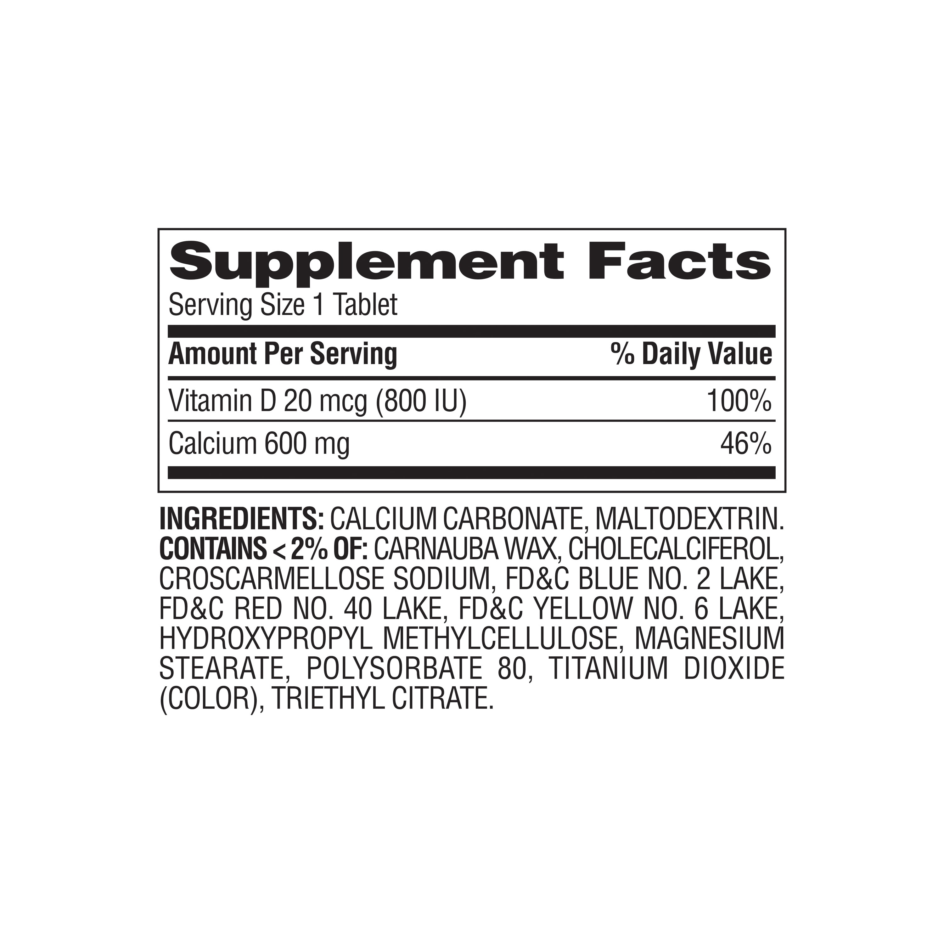 Equate Calcium + D3 Tablets Dietary Supplement, 600 mg, 120 Count