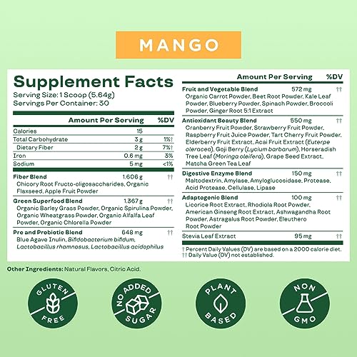Bloom Nutrition Superfood Greens Powder with Probiotics, Enzymes