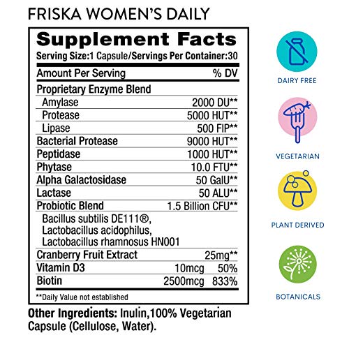 FRISKA Women's Digestive Enzyme + Probiotic Supplement, 90 Capsules