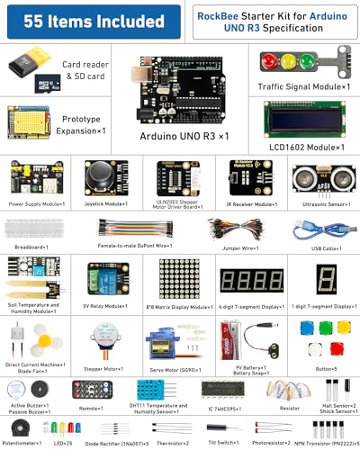 Arduino IDE-compatible RockBee UNO R3 Kit: 55 Components, 45 Tutorials