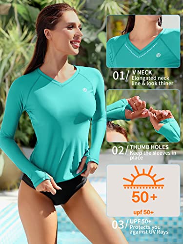 ATTRACO Rash Guard Women Long Sleeve Swim Top UV Sun Protection Swim Shirts Aqua L