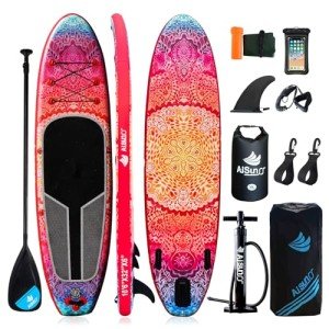 AISUNSS SUP Board 10.6Ft All Around Board Premium iSUP, Yoga Board with SUP Accessories Include Non-Slip mat, Waterproof Phone Bag, Double Action Pump, Adjustable Aluminum Paddle (Red)
