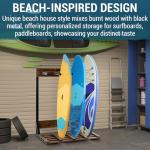 MyGift Freestanding Vertical Surfboard Storage Rack, Beach House Style Burnt Wood and Black Metal Wakeboard SUP Paddleboard Storage Stand - Holds up to 4 Boards
