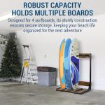 MyGift Freestanding Vertical Surfboard Storage Rack, Beach House Style Burnt Wood and Black Metal Wakeboard SUP Paddleboard Storage Stand - Holds up to 4 Boards