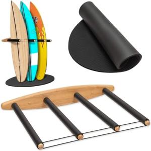 Hang 11 Vertical Surfboard Rack - Surf Racks for Wall, Sustainable Hardwood Surf Board Holder with Rubber Mat, Surfboard Wall Mount, Paddle Board & SUP Garage Storage (4 arms / 3-4 boards)