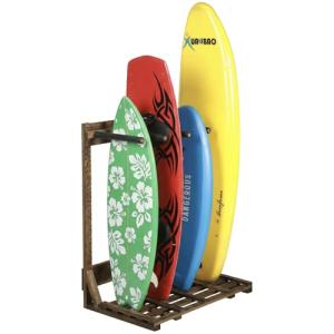 MyGift Surfboard Rack, 4-Ft Tall Rustic Burnt Wood Freestanding Vertical Surfboard Stand, Wakeboard SUP Paddleboard Storage Rack - Holds up to 4 Boards