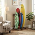 MyGift Surfboard Rack, 4-Ft Tall Rustic Burnt Wood Freestanding Vertical Surfboard Stand, Wakeboard SUP Paddleboard Storage Rack - Holds up to 4 Boards
