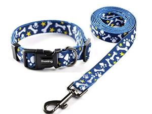 Ihoming Dog Collar and Leash Set for Daily Outdoor Walking Running Training, Bone Design for Small Boys Girls Dogs Cats Pets, S-Up to 20LBS