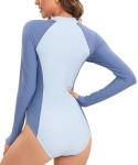 HUGE SPORTS Women's One Piece Long Sleeve Swimsuits Tummy Control Padding Bathing Suit High Cut Swimwear Blue M