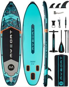 MYBOAT 11'6"×34"×6" Extra Wide Inflatable Paddle Board, Stand Up Paddle Board for Fishing, Sup Board with 3 Removable Fins, Dual Bungees, Camera Mount, Hand Pump, Strong Paddle, 5L Dry Bag, Leash