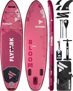 Flypark 11'x34 Inflatable Paddle Boards, Extra Wide SUP for 420lbs/3Adults, Yoga Stand Up Paddle Board, 110L Backpack, 15 D-Rings, Shoulder Strap, US-Fin, 2-Action Pump, Bloom Pink