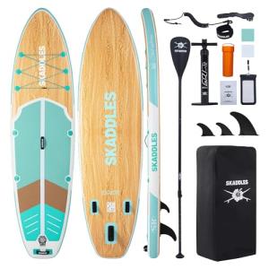 SKADDLES 10’6’’ Inflatable Stand Up Paddle Board (SUP) for Adults and Youth with Non-Slip Deck – Complete Accessories Kit, Perfect for Fishing, Yoga, Fitness & Family Fun (Mint Green Wood Grain)