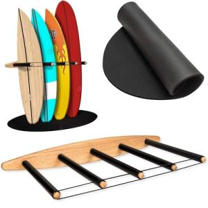 Hang 11 Vertical Surfboard Rack - Surf Racks for Wall, Sustainable Hardwood Surf Board Holder with Rubber Mat, Surfboard Wall Mount, Paddle Board & SUP Garage Storage (5 arms / 4-5 boards)