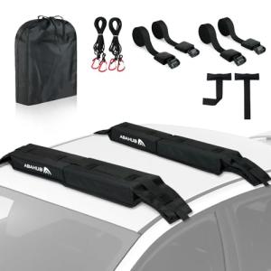 Abahub Car Soft Roof Rack Pads for Kayak,Canon,Surfboard,SUP Include 2 Tie Down Rope, 2 Quick Loop Strap, 2 Heavy Duty Tie Down Straps and a Storage Bag(Black)