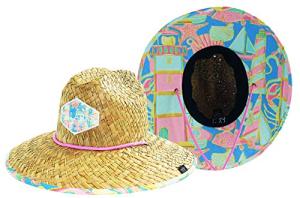Malabar Straw Sun Hat with Fabric Print Lifeguard - Wide Brim Hat for Women - Adjustable Drawstring Chin Cord Sun Hat for Beach, Cruise, Paddle Board, Fishing, Boating, Hiking & Outdoor Protection