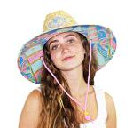 Malabar Straw Sun Hat with Fabric Print Lifeguard - Wide Brim Hat for Women - Adjustable Drawstring Chin Cord Sun Hat for Beach, Cruise, Paddle Board, Fishing, Boating, Hiking & Outdoor Protection