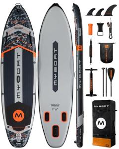 MYBOAT 11'6"×35"×6" Extra Wide Inflatable Paddle Board, Stand Up Paddle Board, Sup Board for 450lb Capacity with 3 Removable Fins, Dual Action Pump, Floating Paddle, 5L Waterproof Bag, Safety Leash