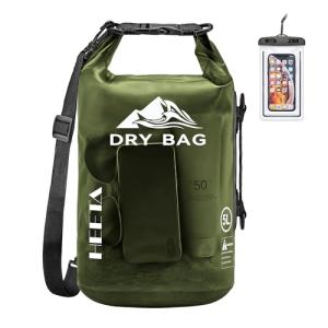 HEETA Dry Bag Waterproof for Women Men, Roll Top Lightweight Dry Storage Bag Backpack with Phone Case for Travel Swimming Boating Kayaking Paddle Board Camping Beach Accessories (Pitch Green, 5L)