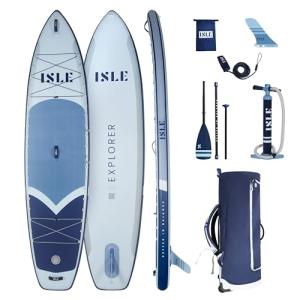 ISLE Explorer Inflatable Stand Up Paddle Board & iSUP Bundle Accessory Pack, Adventure & Touring Board, Durable, Lightweight with Stable Wide Stance, 11'6" x 6" - Ice/Slate/Navy