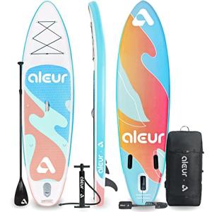 aleur 2020 Explorer Inflatable Stand Up Paddle Board Package W Premium SUP Accessories & Backpack, Non-Slip Deck, Leash, Paddle and Hand Pump | Elegant, Fun, Portable,Versatile (Pastel)