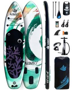 AISUNSS Inflatable Paddle Board for Adult, Paddle Board for All Skill Levels, Wide SUP Board with Primium Accessories Include SUP Carry Bag, Hand Pump, 10L Waterproof Bag and Adj Paddle (Green Coral)