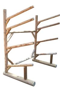4-Place One-Sided 3 Canoes + 1 SUP Log Rack, Free Standing Kayak Racks for Outdoor Storage, Canoe Boat Stands, Paddle board Racks, Outdoor Surfboards Log Wood Rack - Natural + 15" Anchor Kit