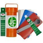 JLF Repair Kit with HH-66 Vinyl Cement Glue for Inflatable Stand Up Paddle Boards (SUP) Includes 3" x 6" Red, White, Blue, Clear, Grey PVC, 5 Patches and 6 Prong Valve Wrench