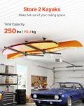 VEVOR Kayak Storage Rack for 2 Kayaks, Holds Up to 250 lbs, Heavy Duty Adjustable Ceiling Rack for Garage Ceiling Mount, Overhead Garage Storage Hanger for Canoe, Ladder, SUP, Surfboard & Paddleboard