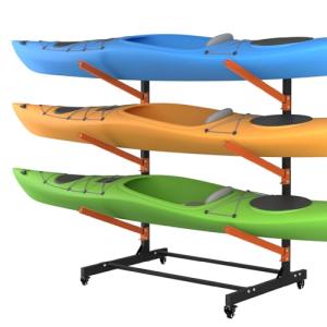 3 Levels Kayak Storage Rack, Heavy Duty Freestanding Sup Storage Stand, Storage Rack for Kayaks, SUPs, Canoe and Paddleboard for Indoor, Outdoor, Garage, Shed, Dock…(Wood)