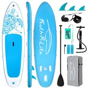 FEATH-R-LITE Inflatable Paddle Board Stand Up Paddleboards for Adults SUP with Premium Accessories Pump, Adjustable Paddle, Leash, Three Fins, Backpack (Light Blue)