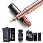 Vandro Complete Luxury Fountain Pen Set - Comfortable Grip with Smooth Fine Nib - Includes 10 Pack Ink Cartridges, Black Ink Bottle, Ink Refill Converter & Gift Box - Rose Gold