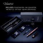 Vandro Complete Luxury Fountain Pen Set - Comfortable Grip with Smooth Fine Nib - Includes 10 Pack Ink Cartridges, Black Ink Bottle, Ink Refill Converter & Gift Box - Rose Gold