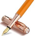 MCNTEIK Orange Fountain Pen with 8MM Diamond-Real Rose Gold Finish, Schmidt 18K Gilded Nib (Medium), Stunning Luxury Pen Set, Pretty Cute Pens with Gifts Box for Women Girls Wedding Office Supplies