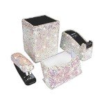 Bling Crystal Luxury Handmade Diamond Square Pencil Pen Pot Holder & Stapler & Card Holder & Desktop Tape Dispenser Office Stationery Kit for Fashion Girls Women(AB Color)