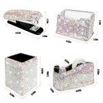 Bling Crystal Luxury Handmade Diamond Square Pencil Pen Pot Holder & Stapler & Card Holder & Desktop Tape Dispenser Office Stationery Kit for Fashion Girls Women(AB Color)