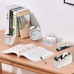 Bling Crystal Luxury Handmade Diamond Square Pencil Pen Pot Holder & Stapler & Card Holder & Desktop Tape Dispenser Office Stationery Kit for Fashion Girls Women(AB Color)