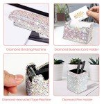 Bling Crystal Luxury Handmade Diamond Square Pencil Pen Pot Holder & Stapler & Card Holder & Desktop Tape Dispenser Office Stationery Kit for Fashion Girls Women(AB Color)