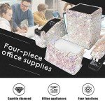 Bling Crystal Luxury Handmade Diamond Square Pencil Pen Pot Holder & Stapler & Card Holder & Desktop Tape Dispenser Office Stationery Kit for Fashion Girls Women(AB Color)