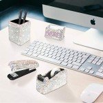 Bling Crystal Luxury Handmade Diamond Square Pencil Pen Pot Holder & Stapler & Card Holder & Desktop Tape Dispenser Office Stationery Kit for Fashion Girls Women(AB Color)