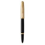 PARKER 51 Deluxe Fountain Pen | Black Barrel and Gold Attributes | Medium Nib in 18 Carat Gold | Black Ink Cartridge | Delivered in Gift Box